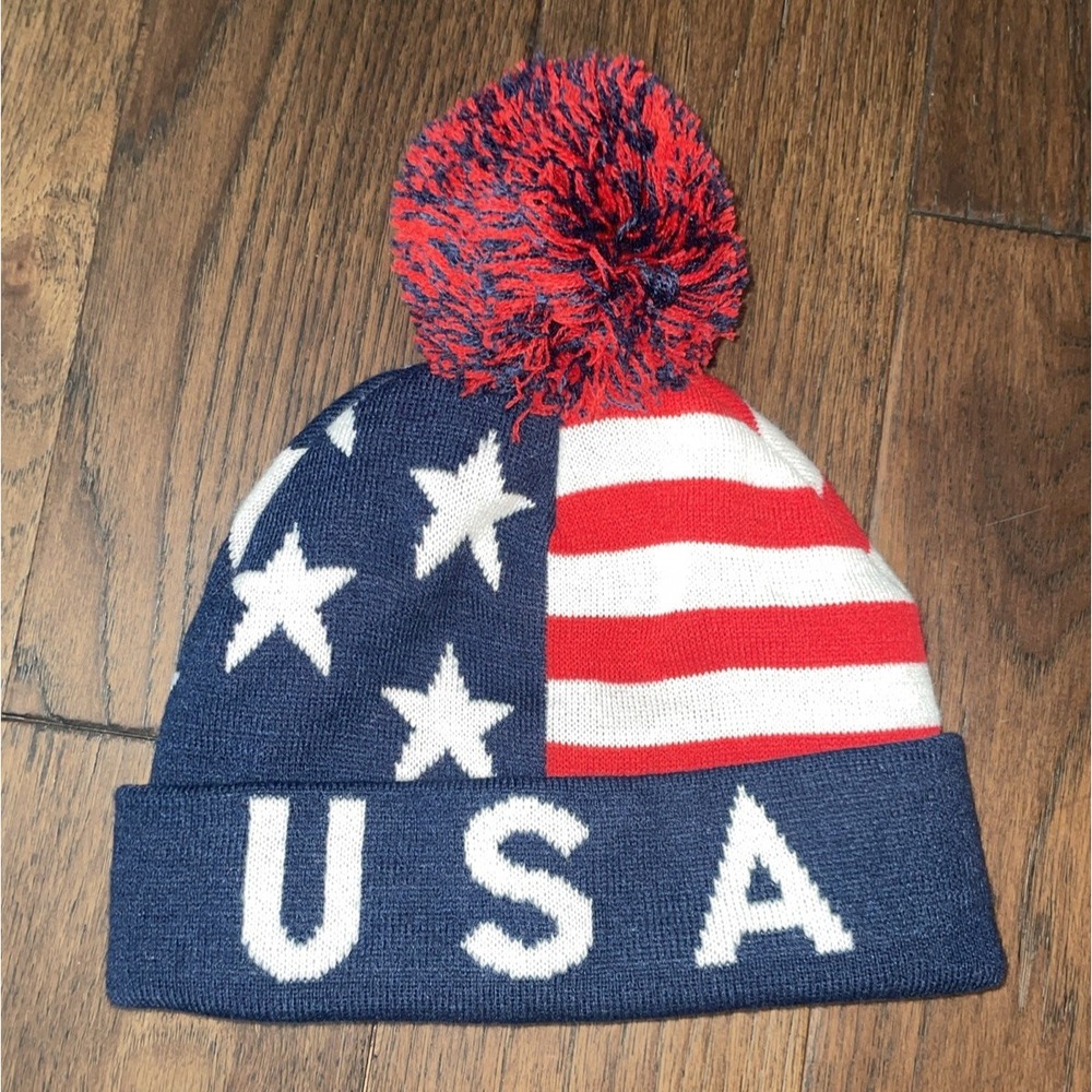 American Eagle USA Flag Beanie Blue Red White Knit Pom Pom Hat Stars Stripes